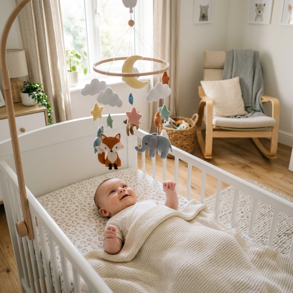 Baby musical mobile over crib, soothing designs UK 2026 🎶